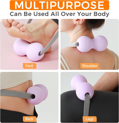 VICSKY Peanut Massage Ball with Handles & Pull Strap - Dual Trigger Point Therapy for Feet, Legs, Neck, Muscle Pain Relief, Myofascial Roller with Adjustable Strap (Pink)