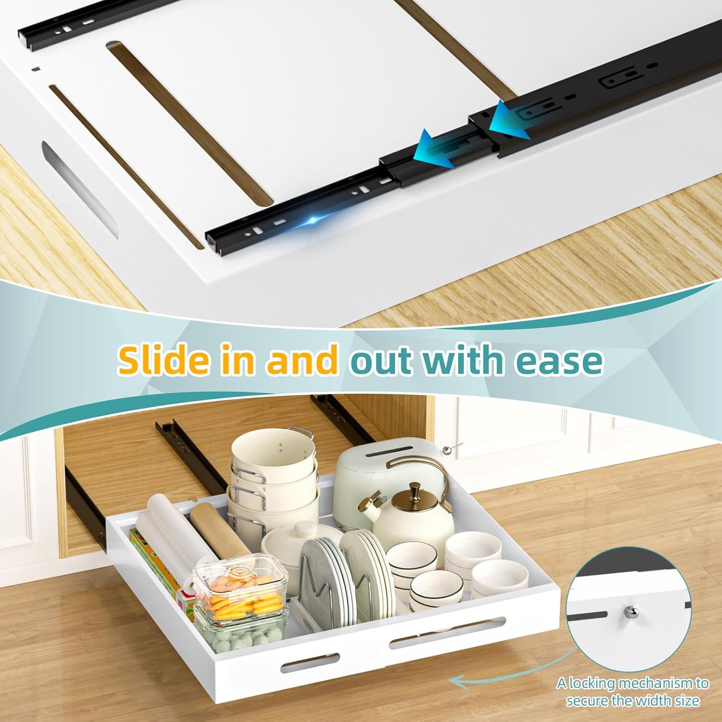 HBL' 1 Pack | 21" Deep Pull Out Cabinet Organizer Adhesive, 10-Inch Wide Sturdy Carbon Steel Roll-Out Drawers, Designed for Frameless Cabinets, Slide-Out Shelves for Pantry.
