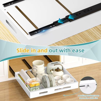 HBL' 1 Pack | 21" Deep Pull Out Cabinet Organizer Adhesive, 10-Inch Wide Sturdy Carbon Steel Roll-Out Drawers, Designed for Frameless Cabinets, Slide-Out Shelves for Pantry.