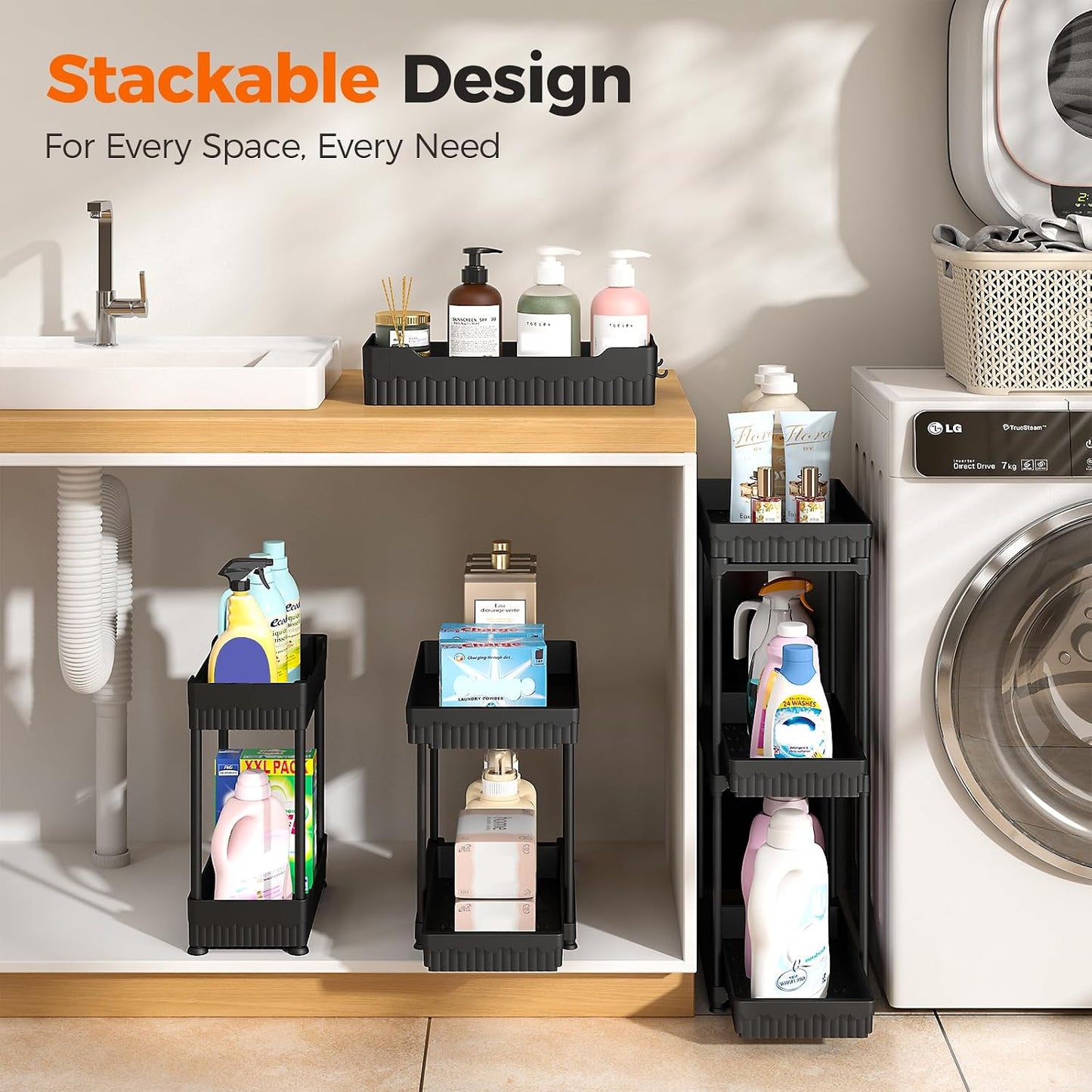 3-Pack 2-Tier Under Sink Organizers with Sliding Drawers | Multi-use kitchen & bathroom storage, 12.8 inch black cabinet organizer, space-saving sliding drawer design.
