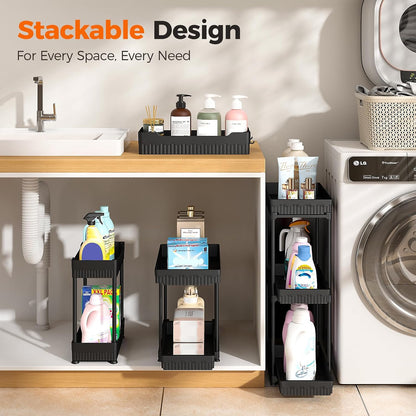3-Pack 2-Tier Under Sink Organizers with Sliding Drawers | Multi-use kitchen & bathroom storage, 12.8 inch black cabinet organizer, space-saving sliding drawer design.