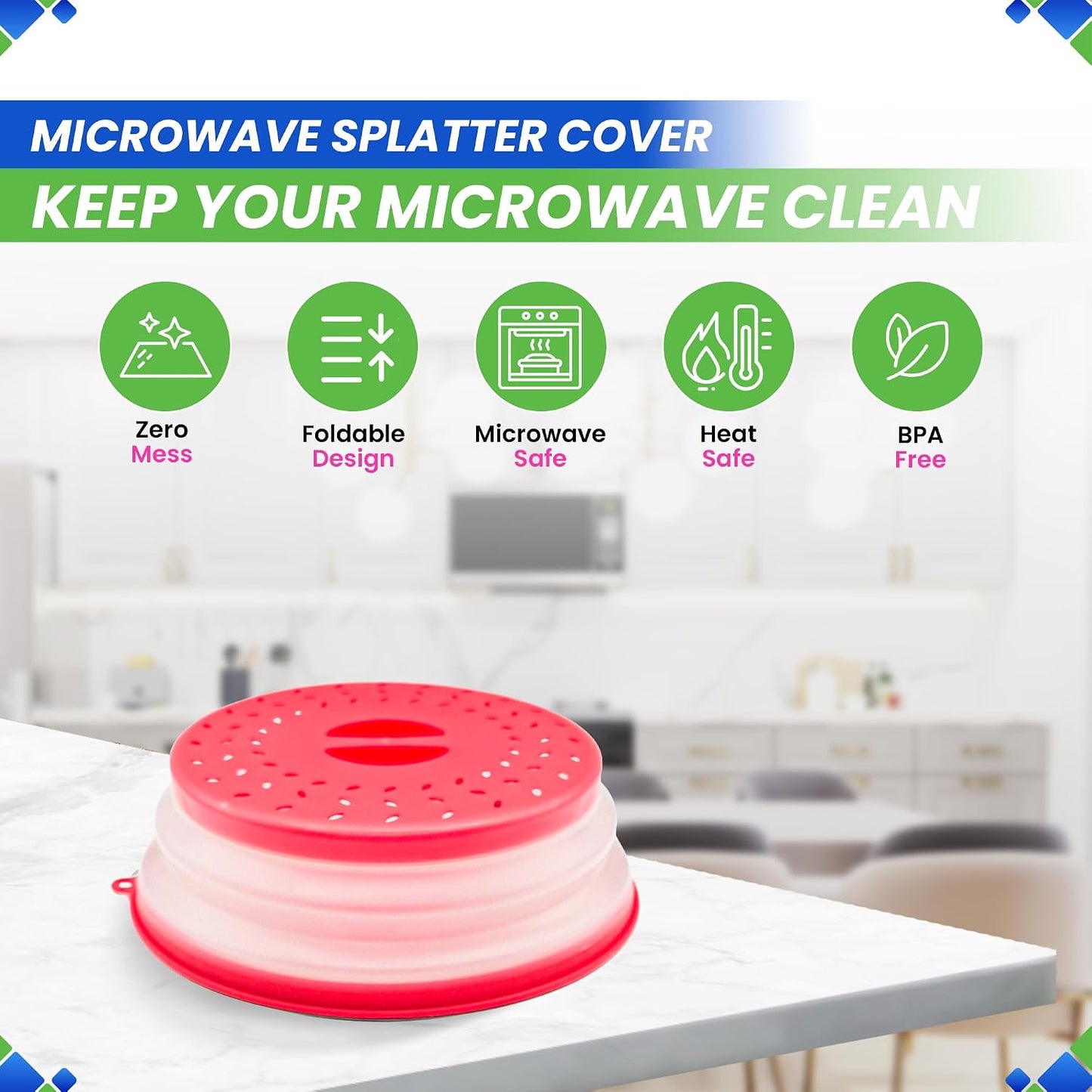 Microwave Splatter Cover 10.5” - Foldable Silicone Microwave Cover for Food | Splatter Covers the Dish and Plate - Durable Silicone Microwave Food Cover Lid With Vents for Microwave Splatter Protection