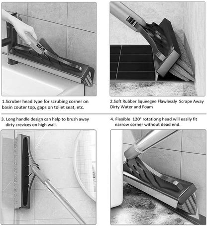 2 in 1 Floor Brush Scrubber with Long Handle Grout Brush 3 Poles 53.5'' New Upgrade Stiff Bristle Cleaning Scrub Brush with Squeegee 120°Rotating Tile Brush for Cleaning Bathroom Glass Patio Kitchen