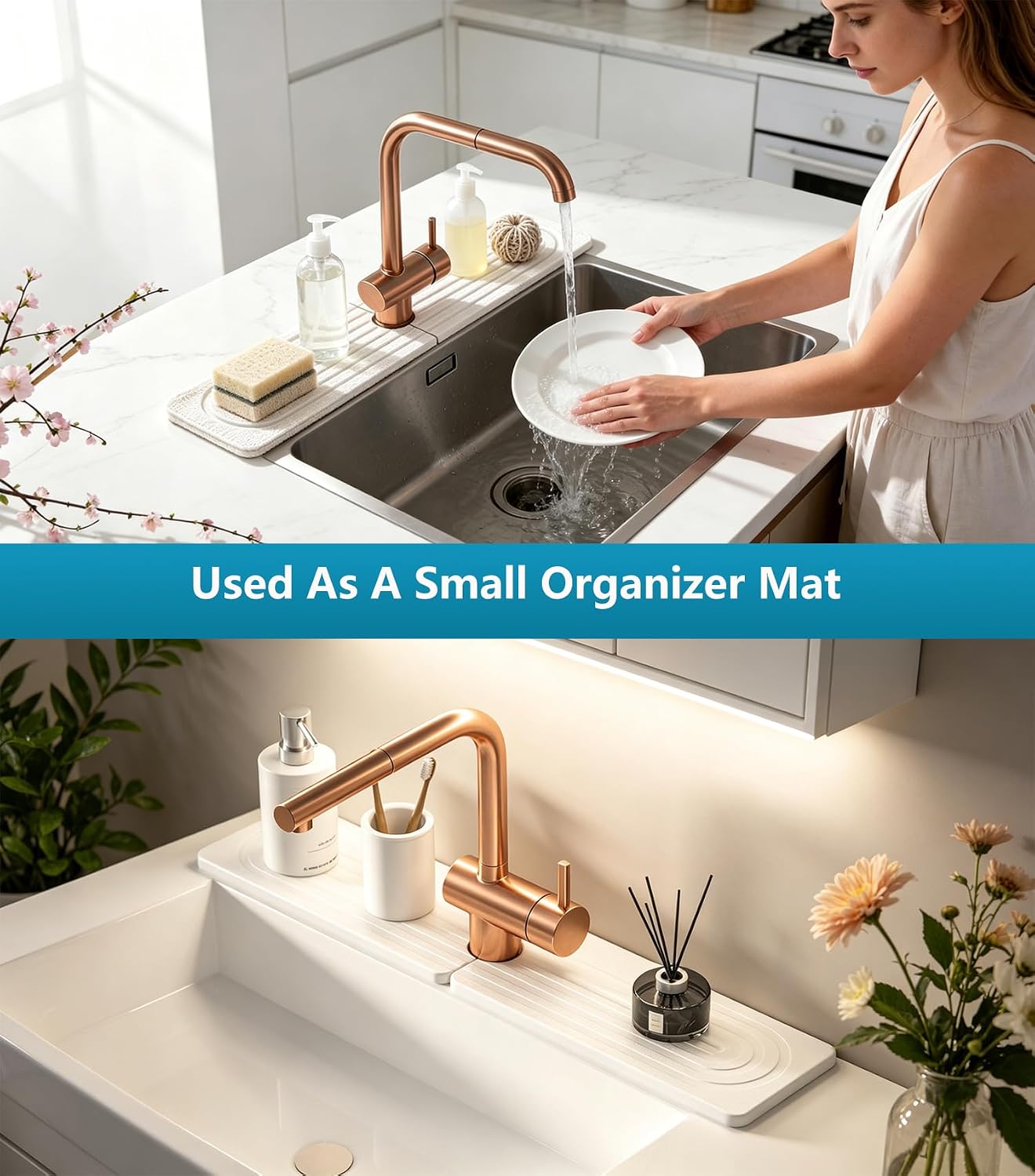 Diatomite Stone Faucet Mat for Kitchen Sink,15.8 x 3.9 Inch | Sink Protectors for Kitchen Sink, Fast Drying Sink Splash Guard Pad, Water Absorbing Stone Drying Tray for Kitchen Bathroom