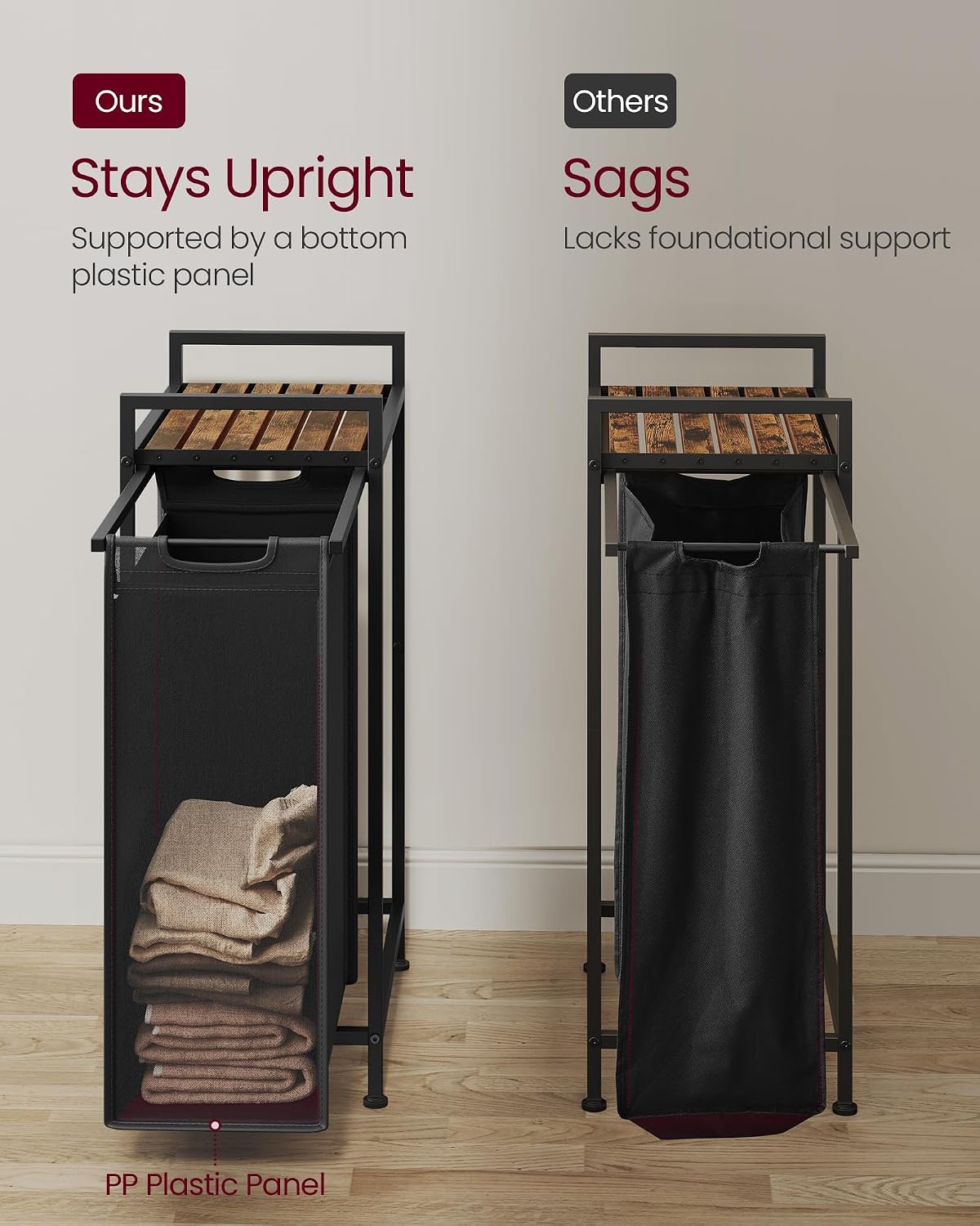 VASAGLE Laundry Sorter, 29 Gal. (110 L) Laundry Hamper Basket with 2 Compartments, Rolling Cart with Wheels, Shelf, Removable Bags, Pockets, Ink Black and Rustic Brown UBLH021B01