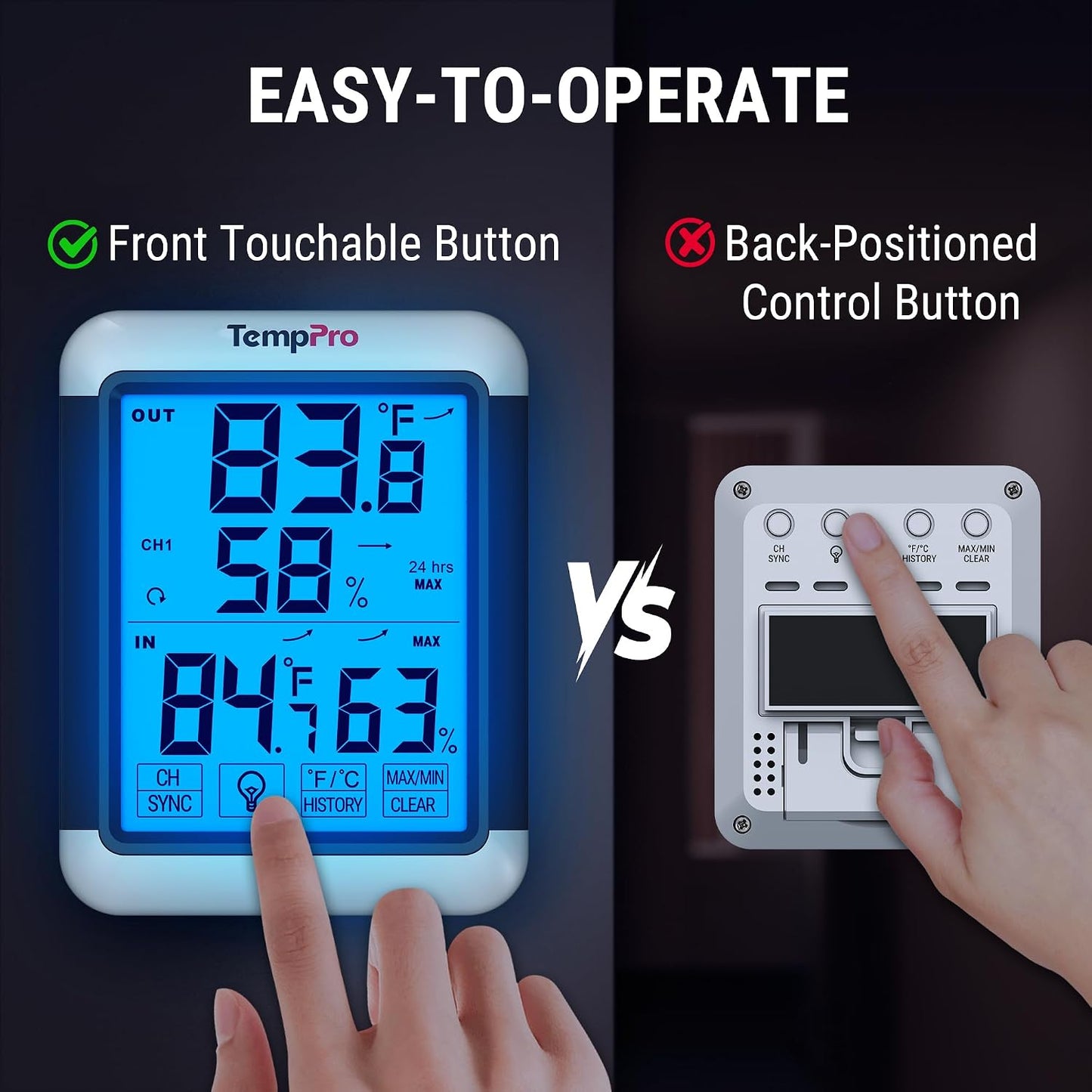 TempPro TempAir Digital Indoor Hygrometer Thermometer with Touchscreen | 4-Inch Temperature/Humidity Monitor with Backlit, Room Thermometer/Humidity Meter for House Home Greenhouse