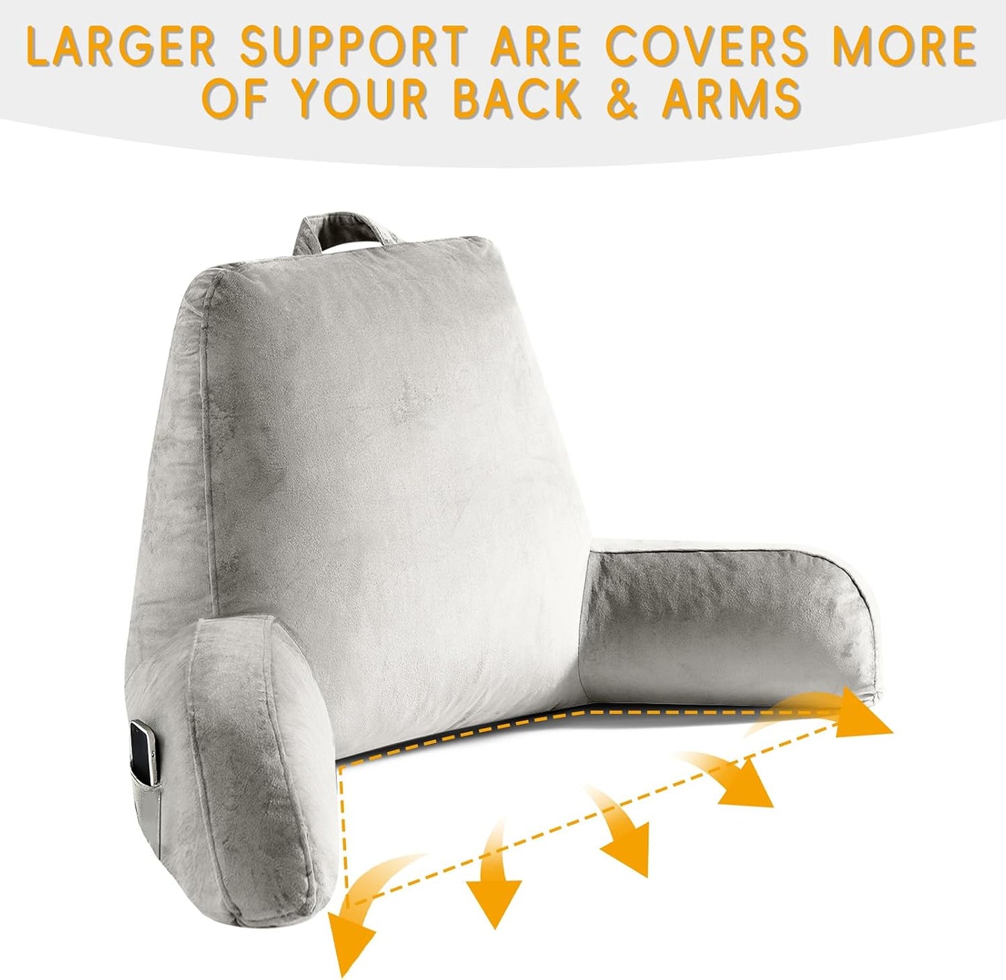 OAISZ Reading Pillow for Sitting in Bed with Shredded Memory Foam, Grey | 19-Inch Back Pillow for Sitting Up in Bed, Extended Arms, Side Pockets, Supportive Adjustable Pillow Removable Washable Cover