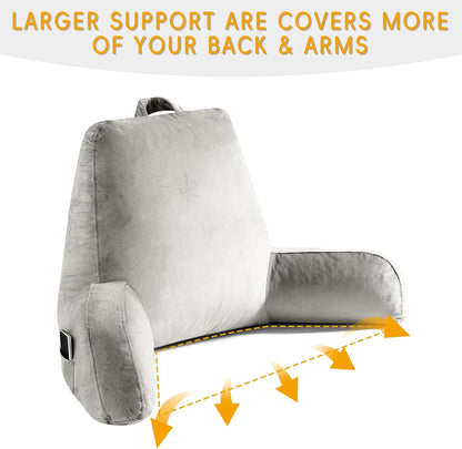 OAISZ Reading Pillow for Sitting in Bed with Shredded Memory Foam, Grey | 19-Inch Back Pillow for Sitting Up in Bed, Extended Arms, Side Pockets, Supportive Adjustable Pillow Removable Washable Cover