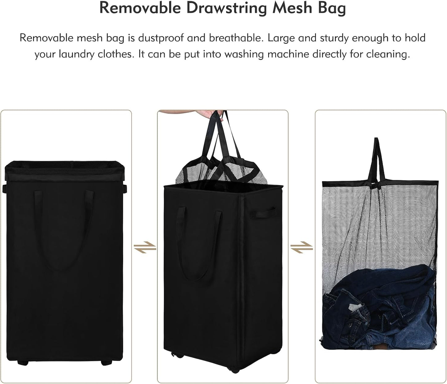 DOKEHOM 25" Slim Rolling Laundry Basket Hamper, Narrow on Wheels, Grey | Collapsible narrow laundry hamper with mesh drawstring closure. Foldable corner clothes storage bin for small spaces