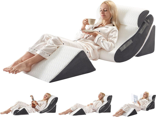 Orthopedic Bed Wedge Pillow Set for Sleeping, Post Surgery Foam Support Pillows for Back, Neck and Leg Pain Relief, Adjustable Triangle Pillow – Acid Reflux, GERD & Snoring Recovery, White Grey