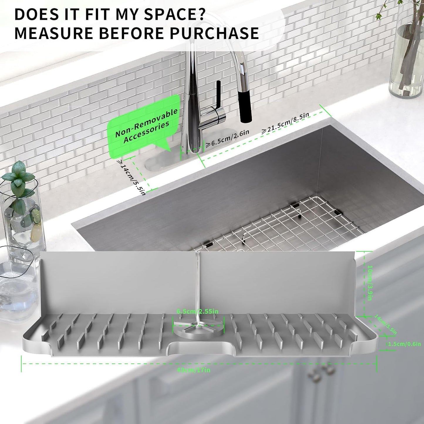 17” x 5.5” Silicone Faucet Handle Drip Catcher Tray Mat, Silicone Faucet Mat Dish Soap Sponge Holder for Kitchen Sink, Drying Mat for Kitchen Counter Bathroom Kitchen Sink Splash Guard - Black