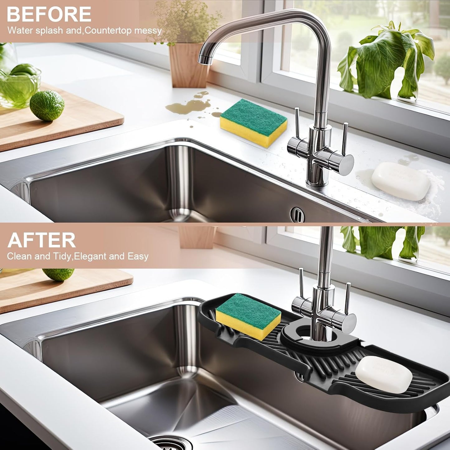 Teenyyou 2 Pcs Silicone Faucet Splash Guard 10.6 ” x 4.3” Kitchen Sink Splash Guard Faucet Mat for Kitchen Mat Catcher Black and Grey Sink Accessories for Bathroom
