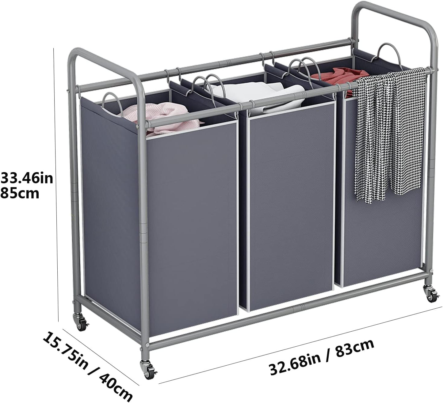 LINZINAR 3 Section Laundry Hamper, Black Laundry Basket 135L Laundry Sorter | Laundry Room Organization with Heavy Duty Rolling Lockable Wheels and Removable Bag, Bedroom Laundry Cart for Clothes Storage