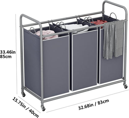 LINZINAR 3 Section Laundry Hamper, Black Laundry Basket 135L Laundry Sorter | Laundry Room Organization with Heavy Duty Rolling Lockable Wheels and Removable Bag, Bedroom Laundry Cart for Clothes Storage