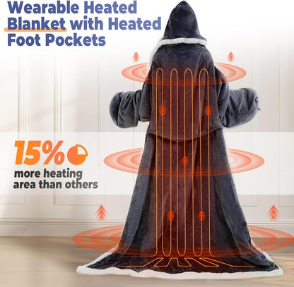 Wearable Heated Blanket with Foot Pocket, Electric Wearable Throw Blanket with Sleeves, Hood, Portable Heated Blanket with 8 Heat Settings, 1-10 Hours Auto Shut-off, Gift for Family, Friends, 50*70"