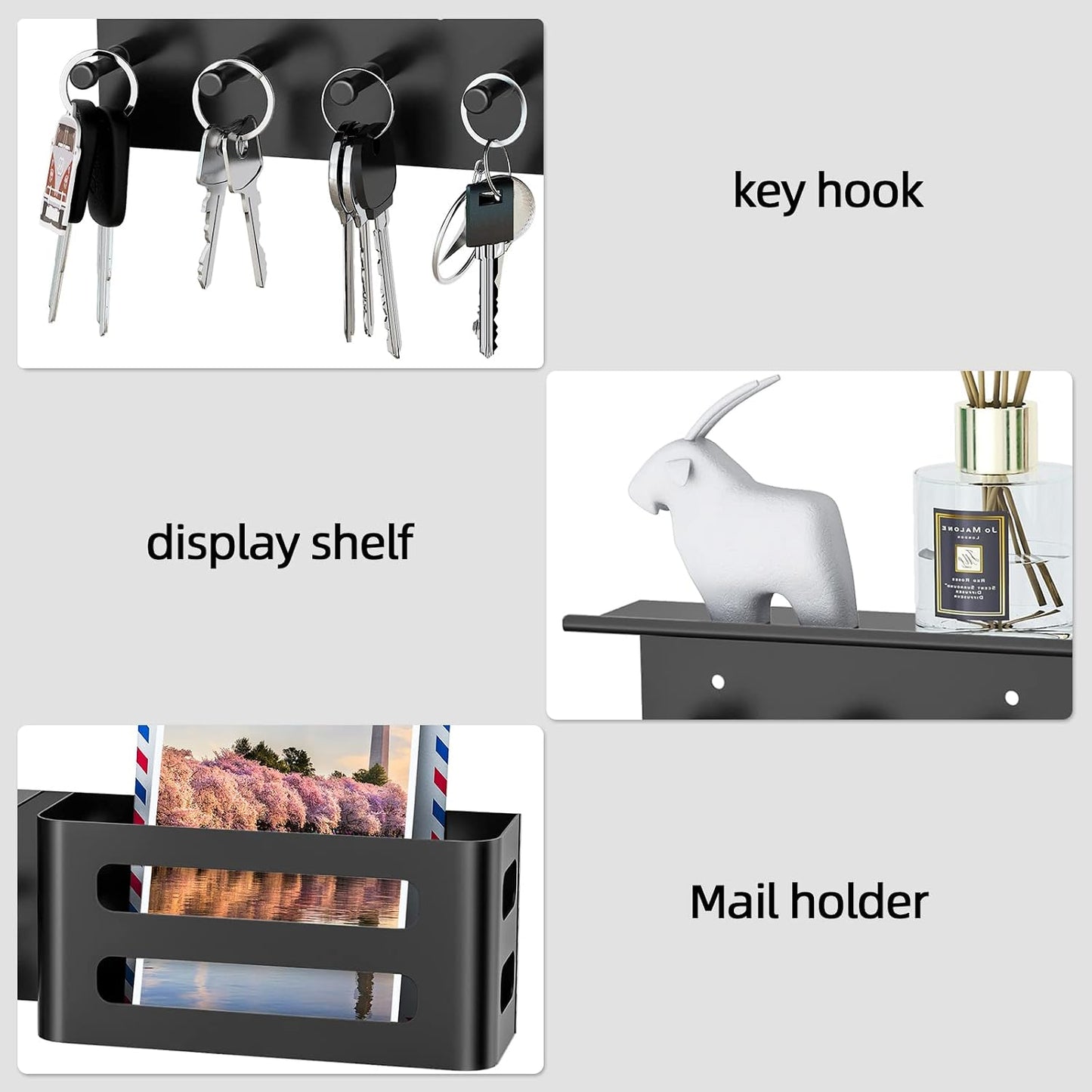 MKO Key Holder Wall Mount, Key Holder Wall Mount Adhesive with Mail Organizer Tray with 6 Key Hooks for Wall, Black | Metal Material, Key Rack with Shelf, Mail Organizer Tray for Entryway, Hallway, Living Room