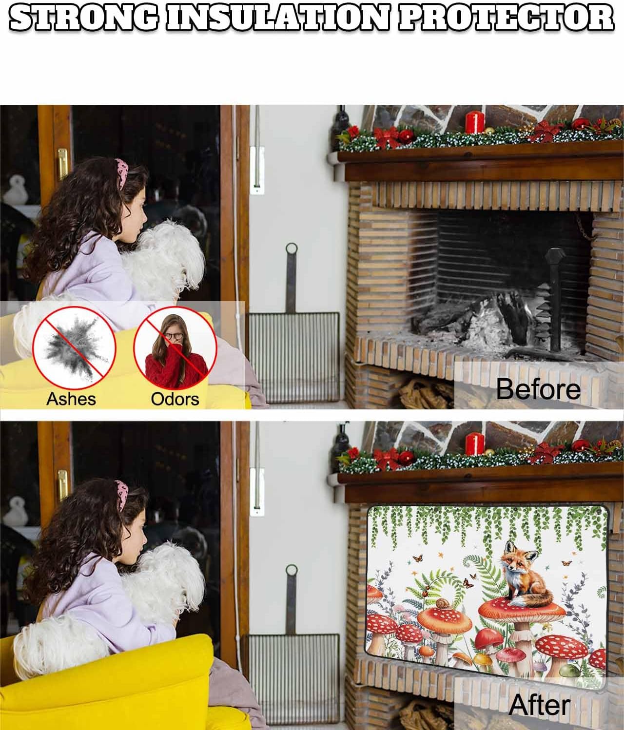 Magnetic Fireplace Cover Red Mushroom Fox Fireplace Screen Decorative Eucalyptus Leaves Butterfly Black Insulation Fireplaces Blocker Save Energy Fireplaces Draft Stopper Covers for Living Room 36x30
