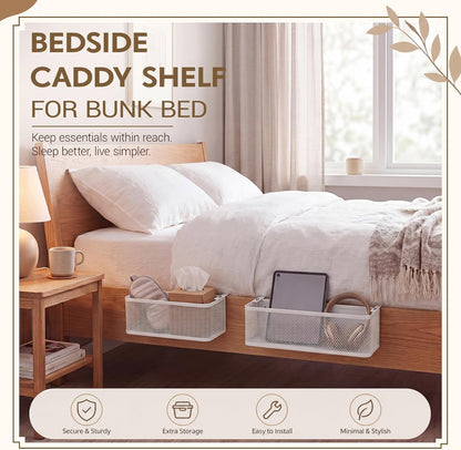 2 Pcs 2 Size Metal Mesh Bedside Storage Caddy Shelf for Bunk Bed Hanging Storage Basket with Adjustable Hook Bedside Organizer Holder for College Dorm Essentials, Bedroom, Loft Bed(White)