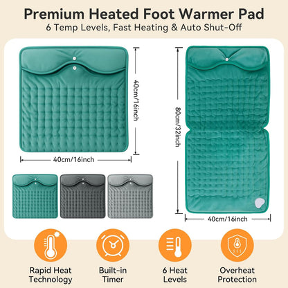 Electric Foot Warmer for Feet: Double Sided Foot Heated Pad with Six Adjustable Four Timed Options Machine Washable Easy to Fold, Feet Warmer for Bed Desk Office Birthday/Christmas Gift