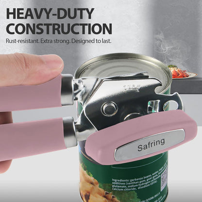 Safring Can Opener Manual, Heavy Duty Handheld Strong Can Opener with Soft Touch Handle, Sharp Blade Smooth Edge, Can Openers with Multifunctional Bottle Opener, Black