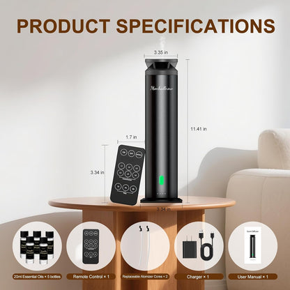 Waterless Scent Diffuser Starter Kit – 1000 Sq Ft Coverage, Suitable for Home & Hotel Series Diffuser, Includes 5 Scent Oils, Remote Control, Large Room Essential Oil Diffuser, Ultra Black