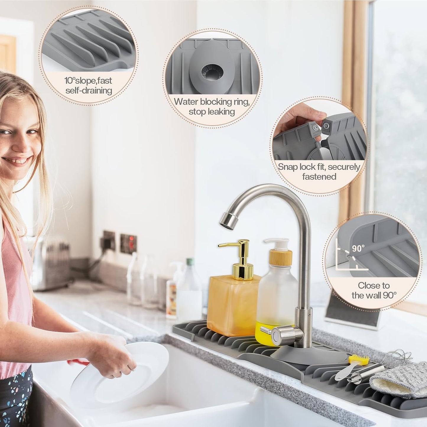 15.75 Inch Kitchen Sink Faucet Mat, Sink Protector&Splash Guard | Silicone, 10°Slope, Fast Self-draining, Snap Lock Fit, for Kitchen and Bathroom Countertop -15.75"x 5.51"