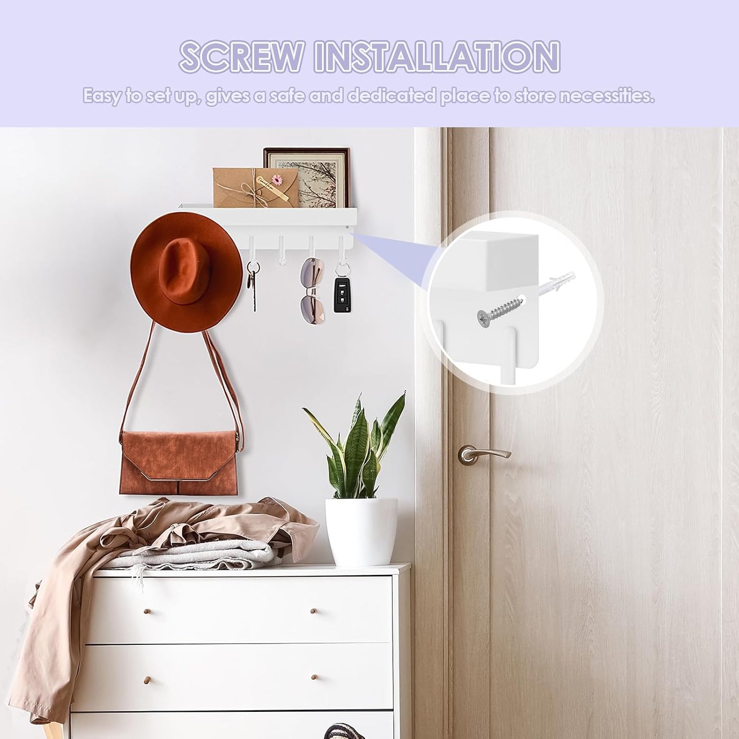 VIS'V Key Holder Wall Mount, Adhesive Key Rack with Tray, 6 Hooks, Black | 2 Mount Options, Compact Discreet Design, Suitable for Entryway, Hallway, Doorway, Kitchen, Garage, Camper