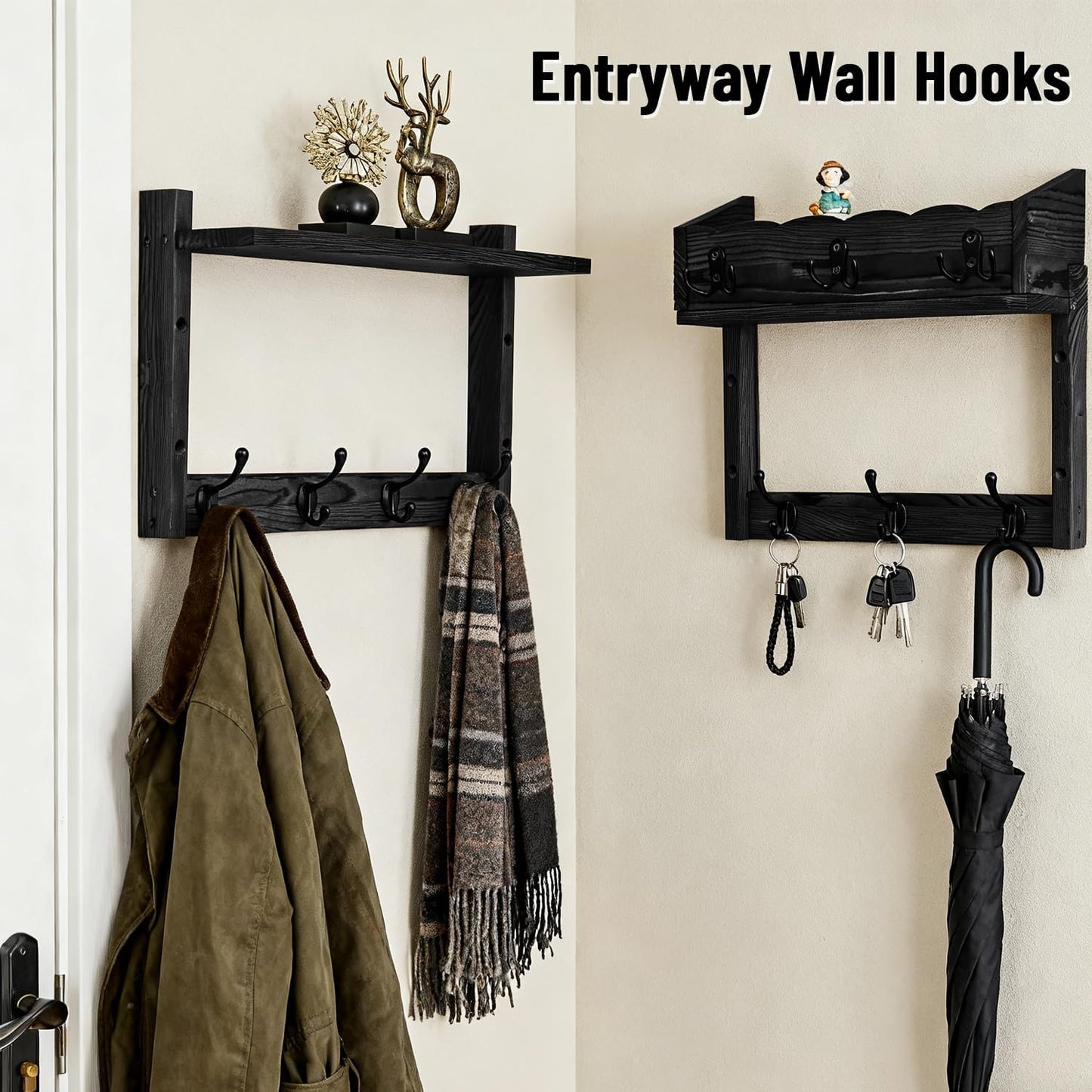 28" Coat Rack Wall Mount with Shelf with 7 Hooks 3 Key Hanger | Entryway Key Holder Wall Mount Wood Wall Coat Hooks, Wall Mounted Coat Rack Mail Holder for Living Room, Bedroom
