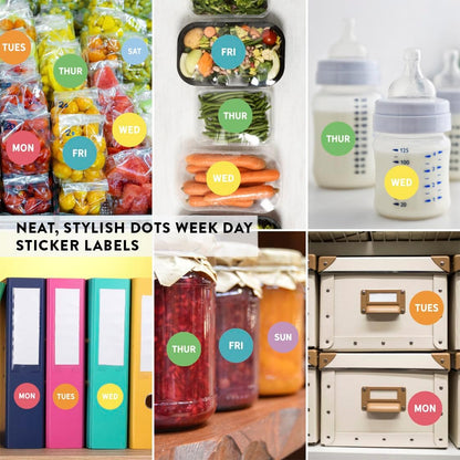 Andaz Press Colorful 7 Days of Week Stickers, Day Week Calendar Stickers for Adults Planner Day Dots Food Labels for Food Containers Date Calendar Planner Stickers Week Day Sticker Labels, 480-Pack