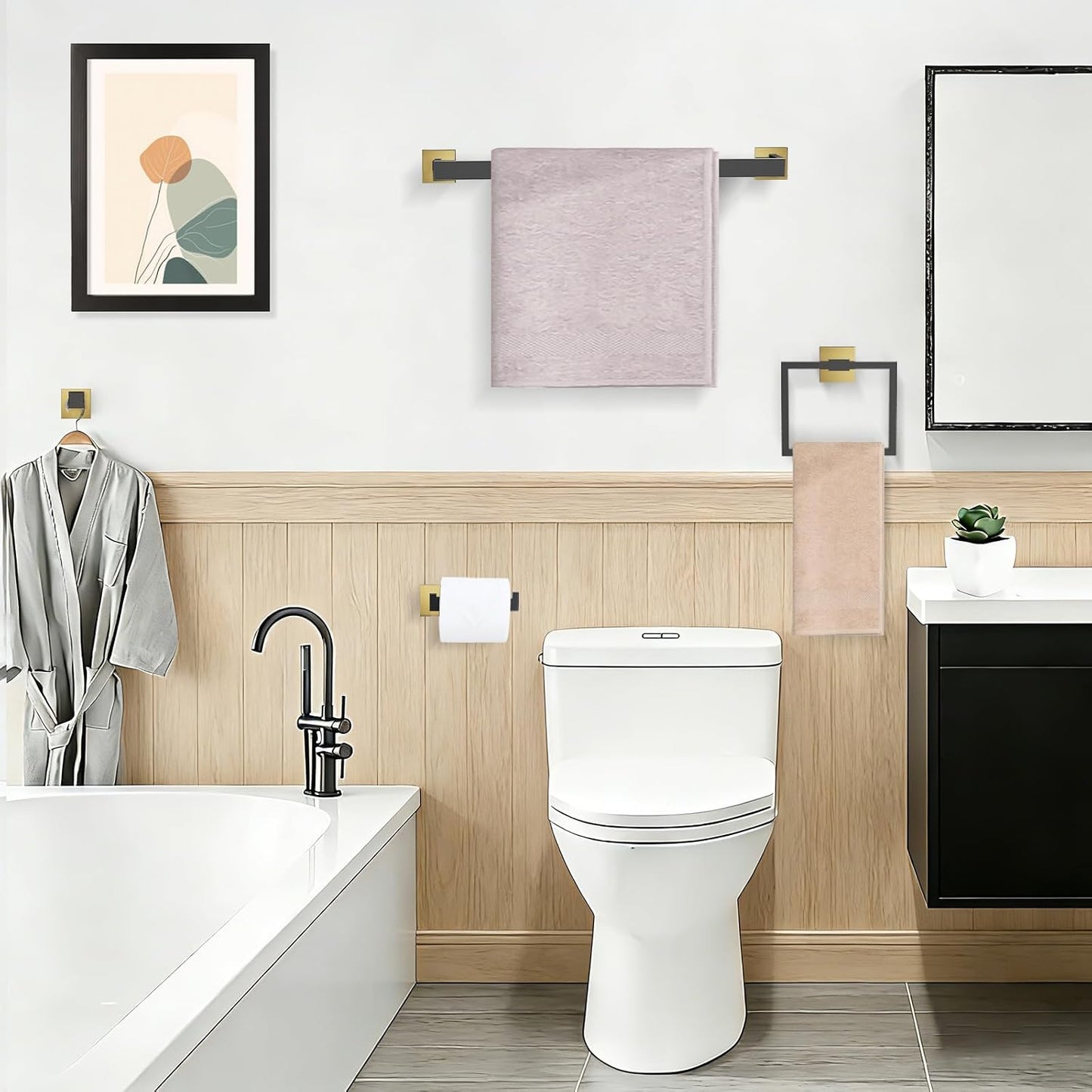 TURS Bathroom Hardware Set Black 4-Piece Towel Bar Set Include 24 Inch Towel Bar Hand Towel Holder Towel Hook Toilet Paper Holder with Shelf Wall Mounted Stainless Steel Bathroom Accessories Set