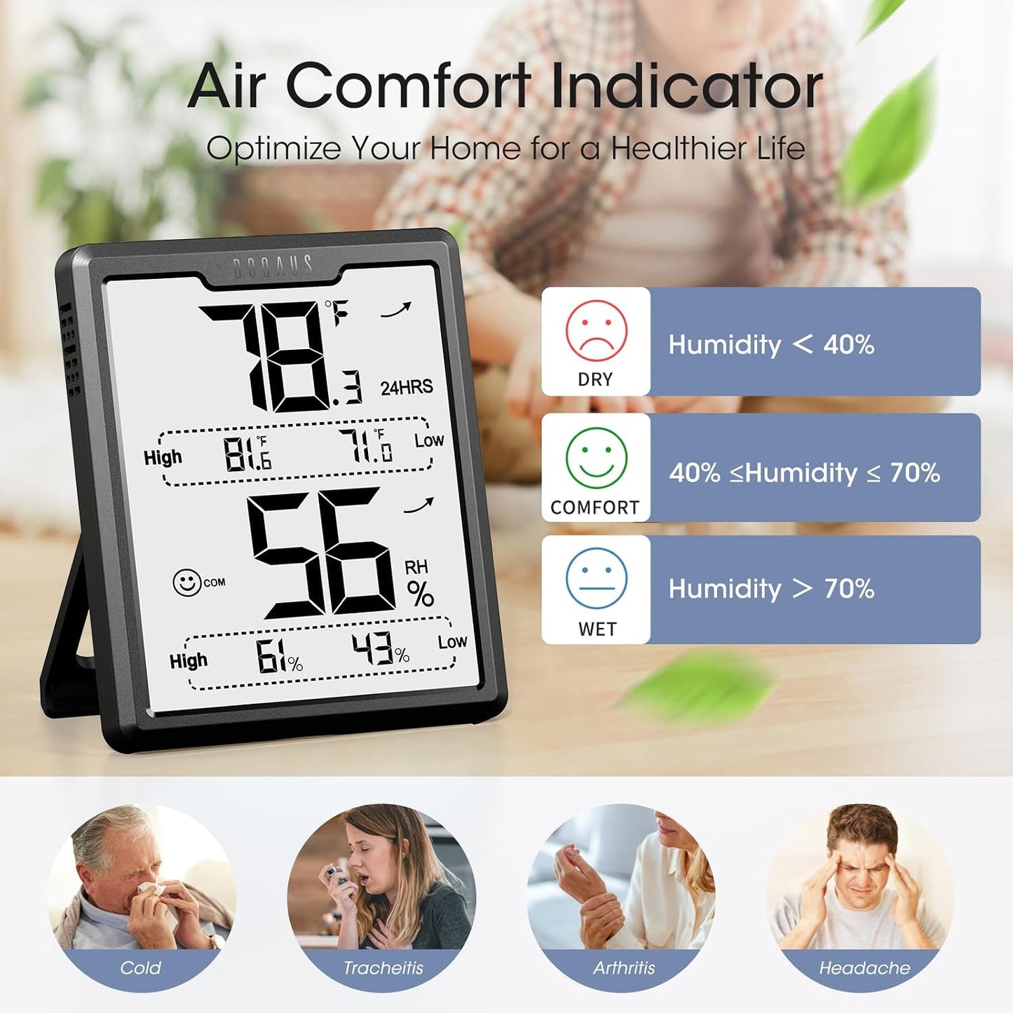 DOQAUS Hygrometer Indoor Thermometer, Temperature Humidity Meter, Black | 3.4in Large LCD Display, Temp Humidity Monitor with Max Min Records for Home, Bedroom, Baby Room, Office, Greenhouse