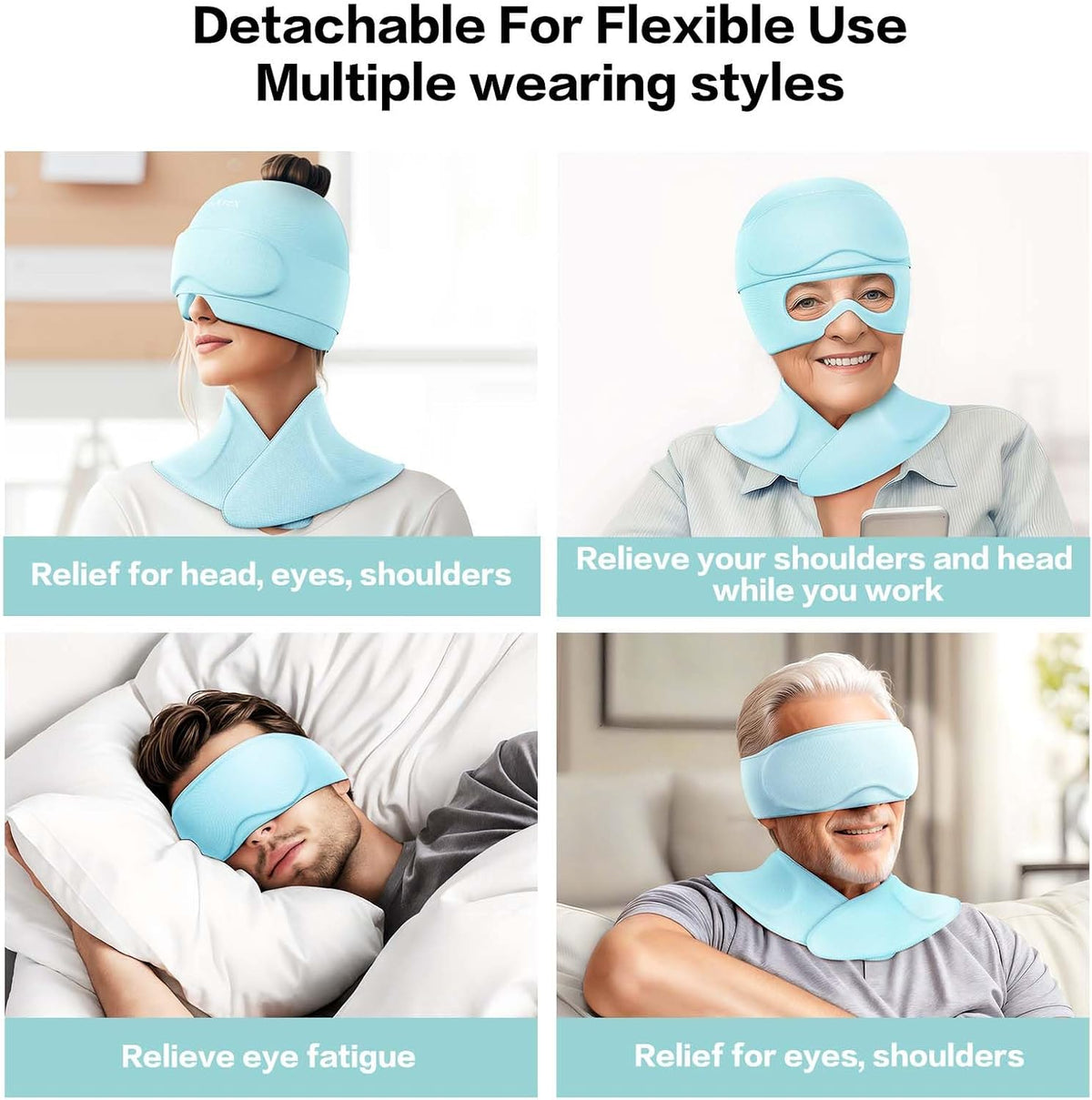 3 in 1 Migraine Relief Cap Neck Ice Pack Wrap Gel and Ice Eye Masks, Detachable Ice Caps with Eyes Masks, Hot and Cold Therapy for Relief of Headaches, Stiff Neck and Eye Fatigue (Purple)