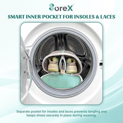 Shoe Washing Machine Bag with Zippered Pocket | Durable Mesh Sneaker Laundry Bag with 2 Laundry Balls & Shoe Washing Brush, Heavy Duty Zipper, No Color Transfer (White)