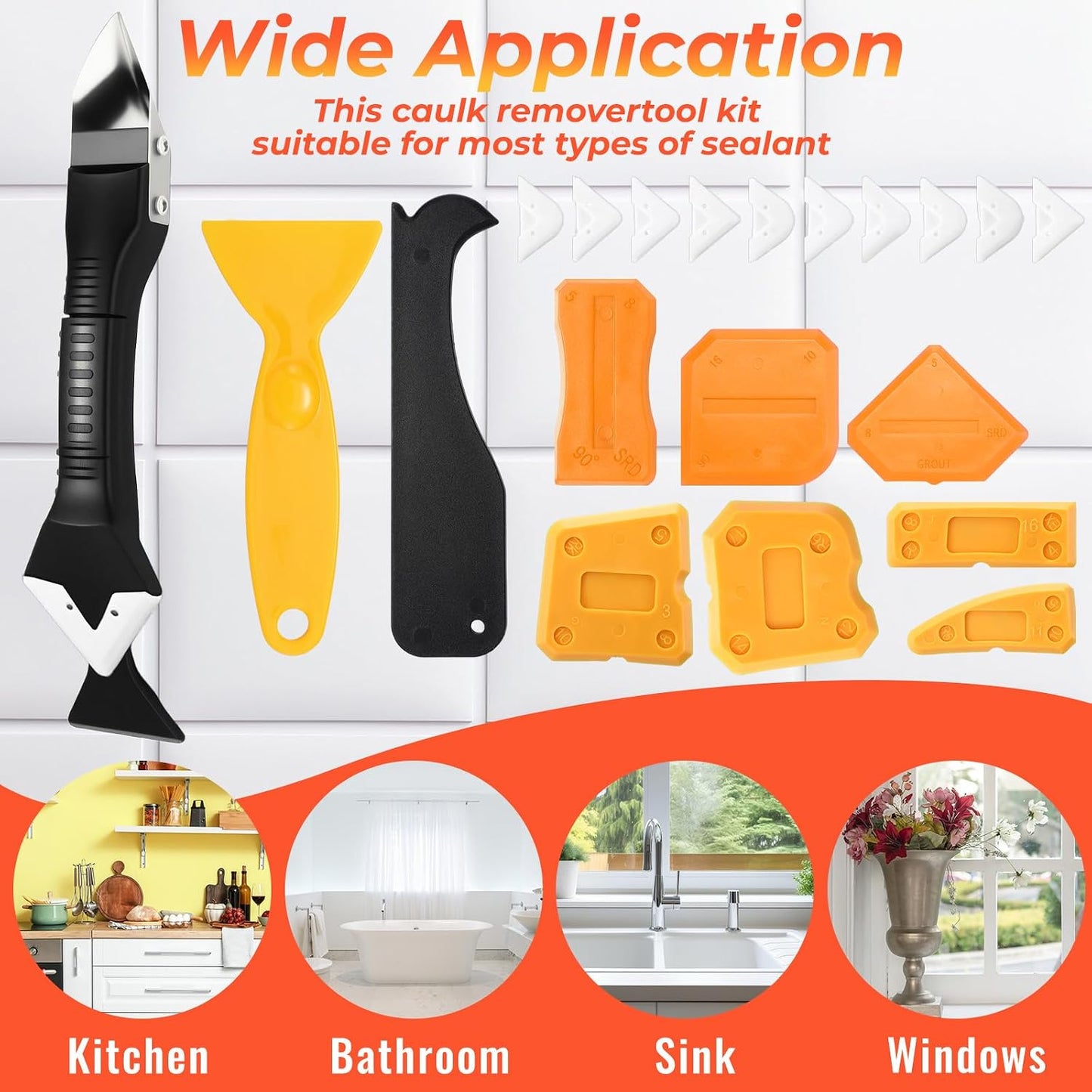 Pickmesh 33 Pcs Silicone Caulking Tool Kit Set 3 in 1 Caulk Remover & Grout Removal Tool with Pads 2 in 1 Razor Blade Scraper with Blades Sealant Finishing Tools for Kitchen Bathroom Sink Window Floor