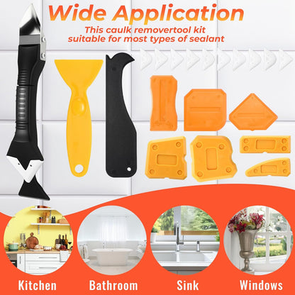 Pickmesh 33 Pcs Silicone Caulking Tool Kit Set 3 in 1 Caulk Remover & Grout Removal Tool with Pads 2 in 1 Razor Blade Scraper with Blades Sealant Finishing Tools for Kitchen Bathroom Sink Window Floor