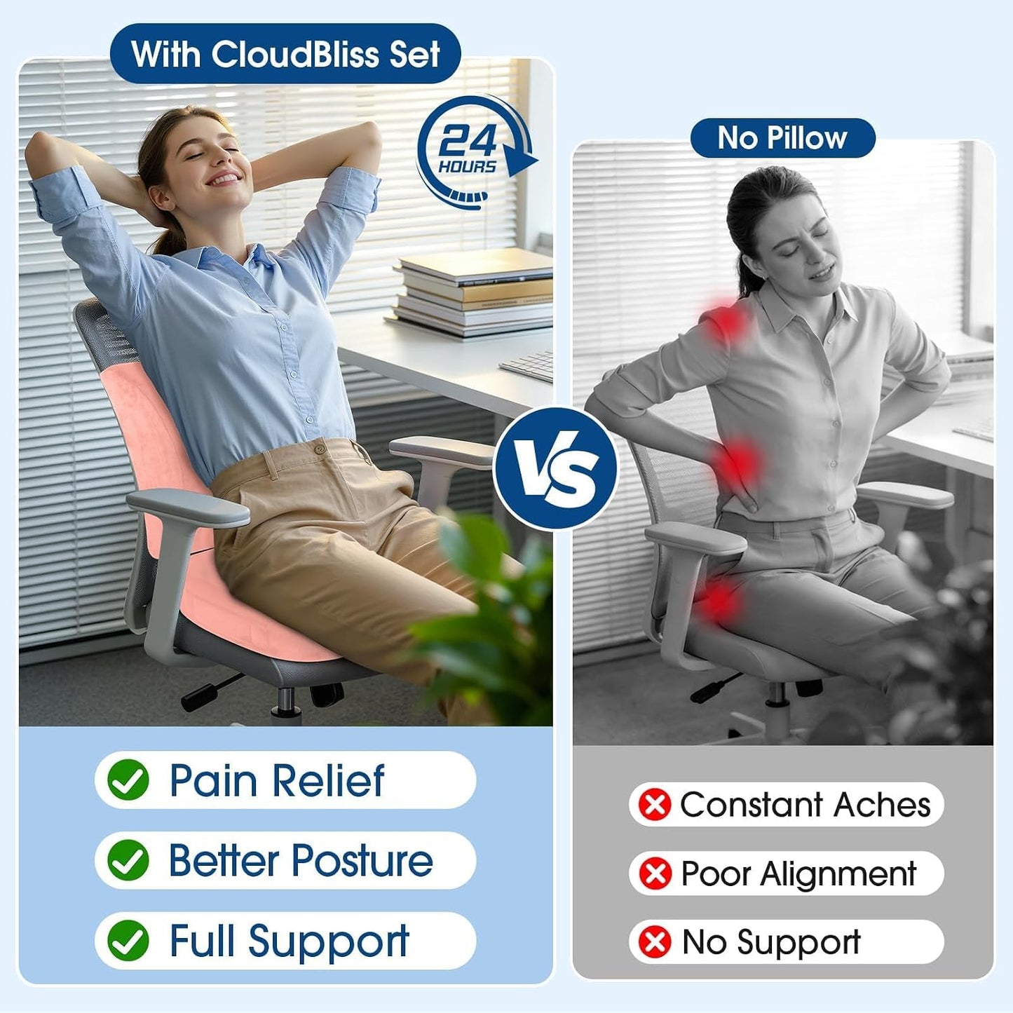 CloudBliss Lumbar Support Pillow & Seat Cushion Set for Office Chair, Desk Chair, Wheelchair & Car – Memory Foam Back Support, Ergonomic Chair Cushions, Sciatica Pain Relief, Home Essentials, Black