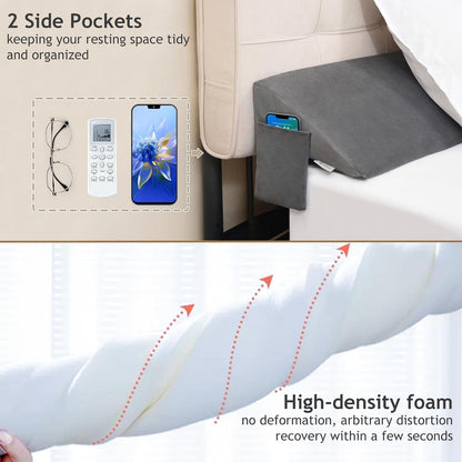 Vekkia King Bed Wedge Pillow for Headboard Gap Filler (0–5.5") | Prevents Pillows & Items from Falling, High-Density Foam Mattress Gap Filler with Pockets, Removable Cover, Gray, 60"x10"x6"