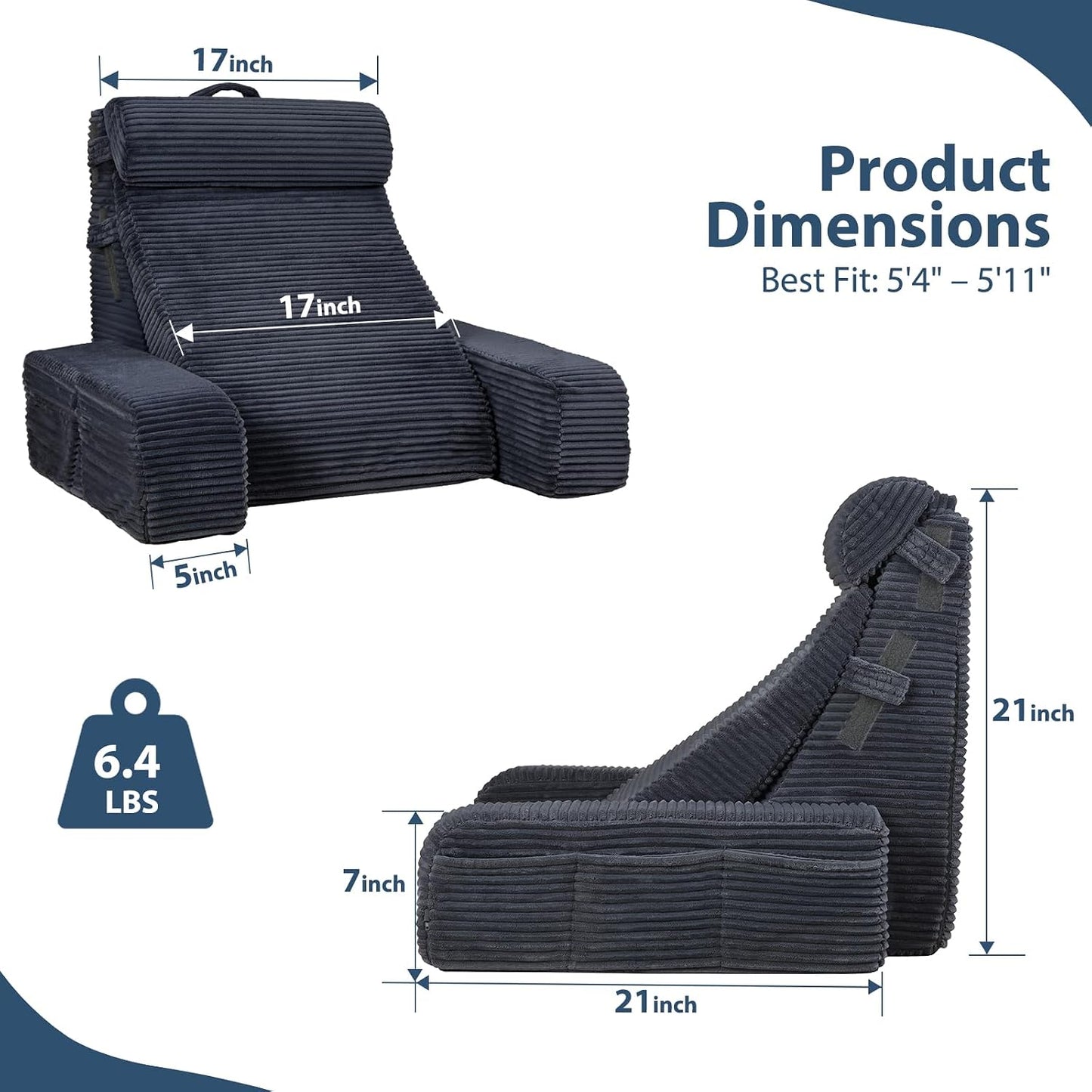 Vekkia 21" Reading Pillow for Adults with Armrests and Adjustable Backrest | Back Support, Washable Cover, XL Pockets, Multi-Density Foam for Zoned Support, Ideal for Reading TV Relaxing Gaming, Gray