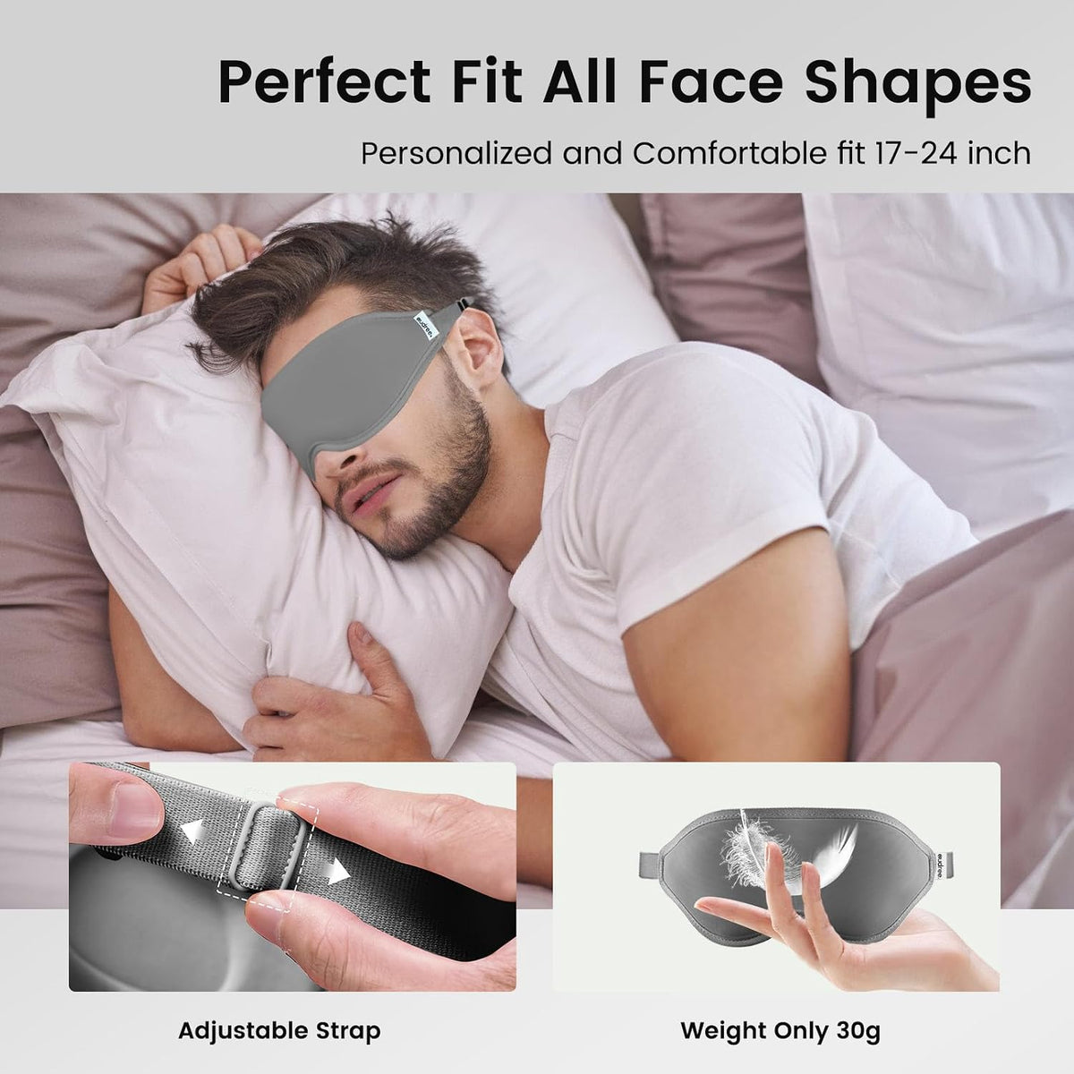 Audree Sleep Eye Mask for Men and Women - Perfect Blackout 3D Eye Mask for Restful Sleep | 100% Light Blocking with Nose Bridge Design | Soft Comfort Eye Shade Cover for Travel, Yoga, Naps (Gray)