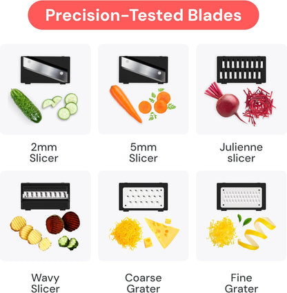Fullstar Pro Mandoline Vegetable Slicer, Grater & Spiralizer with Container | 6 in 1 Fruit Cutter, Cheese Grater & Spiralizer with Safety Gloves, Stainless Steel Blades & Container (Black)