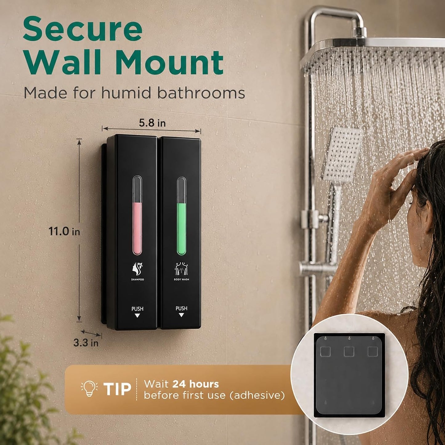 Shampoo and Conditioner Dispenser Wall Mounted, 3-Chamber Shower Soap Dispenser for Bathroom, 1200ML Large Capacity, No-Drill Installation, Clog-Free Pump for Thick Liquids (black-3-pack)