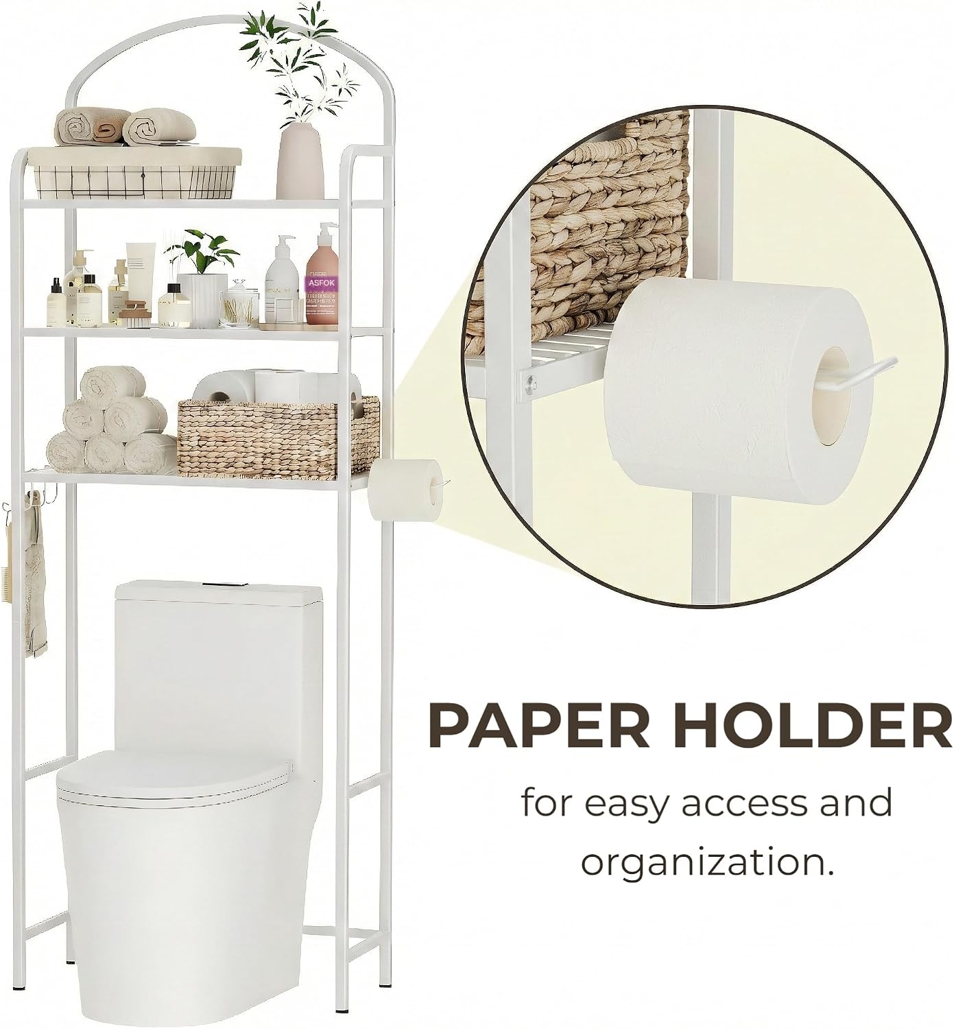 3 Tier Over The Toilet Storage Rack, Bathroom Organizer | Toilet Storage with 4 Hooks & Paper Holder, Space-Saving, Freestanding Bathroom Shelf, Metal, White