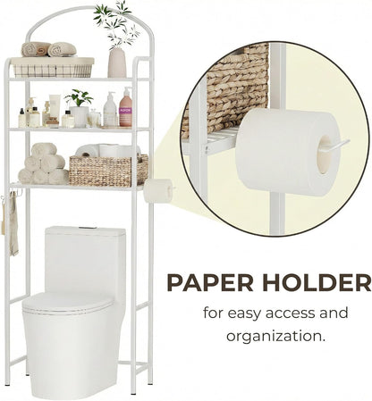 3 Tier Over The Toilet Storage Rack, Bathroom Organizer | Toilet Storage with 4 Hooks & Paper Holder, Space-Saving, Freestanding Bathroom Shelf, Metal, White