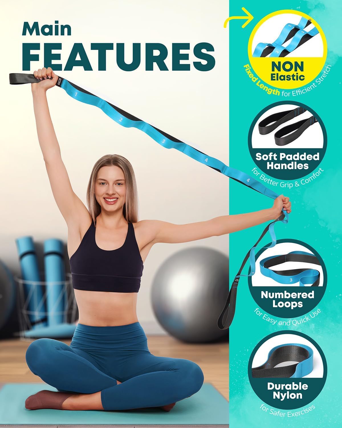 Stretching Strap with Loops - Non Elastic Yoga Strap for Physical Therapy | Video Exercises Included - Stretch bands for Stretching Equipment and Flexibility - Fascia, Hamstring & Leg Stretcher Belt