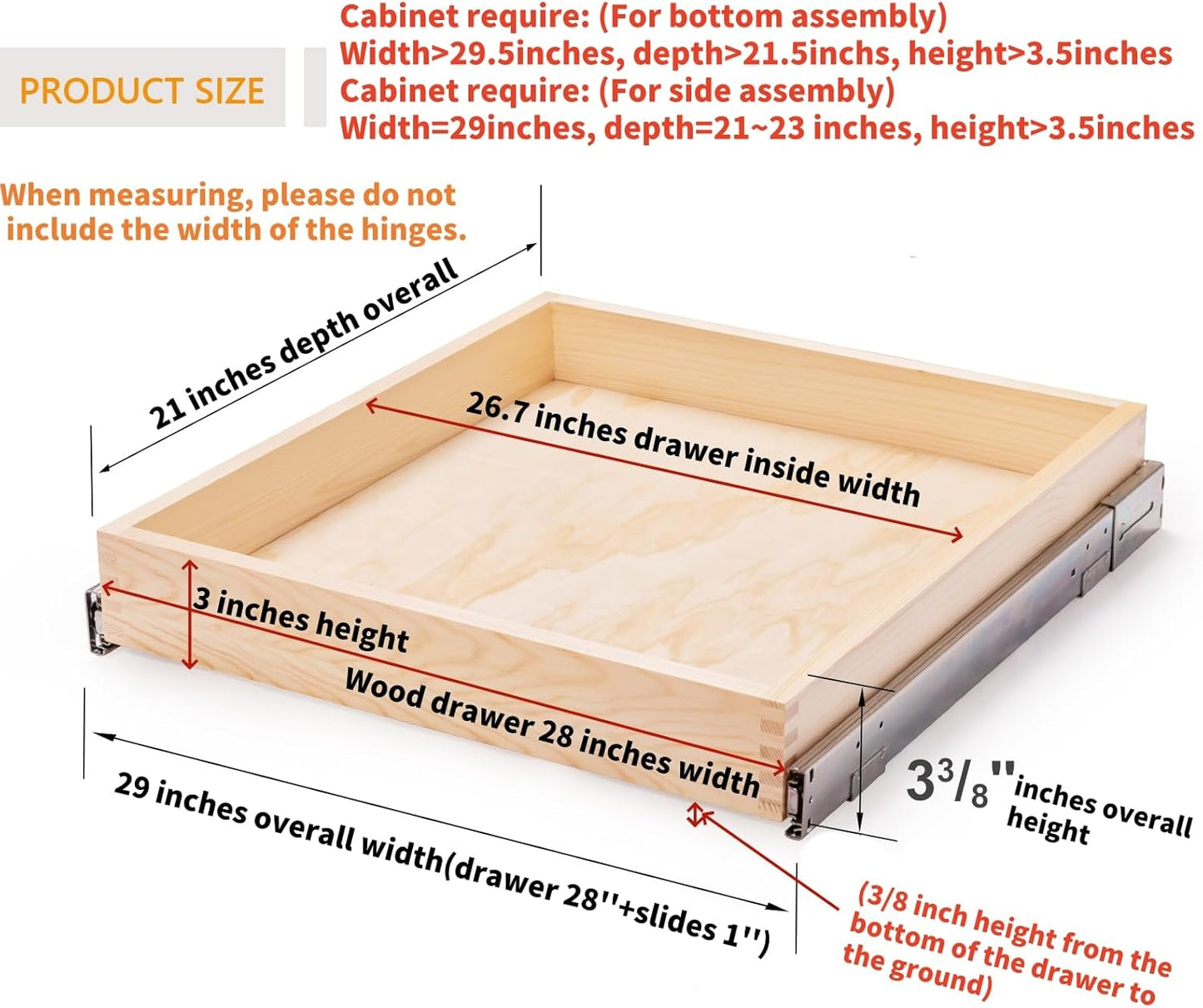 32''W x 21''D x 3''H Pull Out Cabinet Drawer Soft Close Slide Out Wood Organizer for Kitchen, Finished, Bottom and Side Assembly (Wood Drawer Part Width is 31inch)