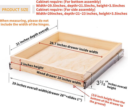 32''W x 21''D x 3''H Pull Out Cabinet Drawer Soft Close Slide Out Wood Organizer for Kitchen, Finished, Bottom and Side Assembly (Wood Drawer Part Width is 31inch)
