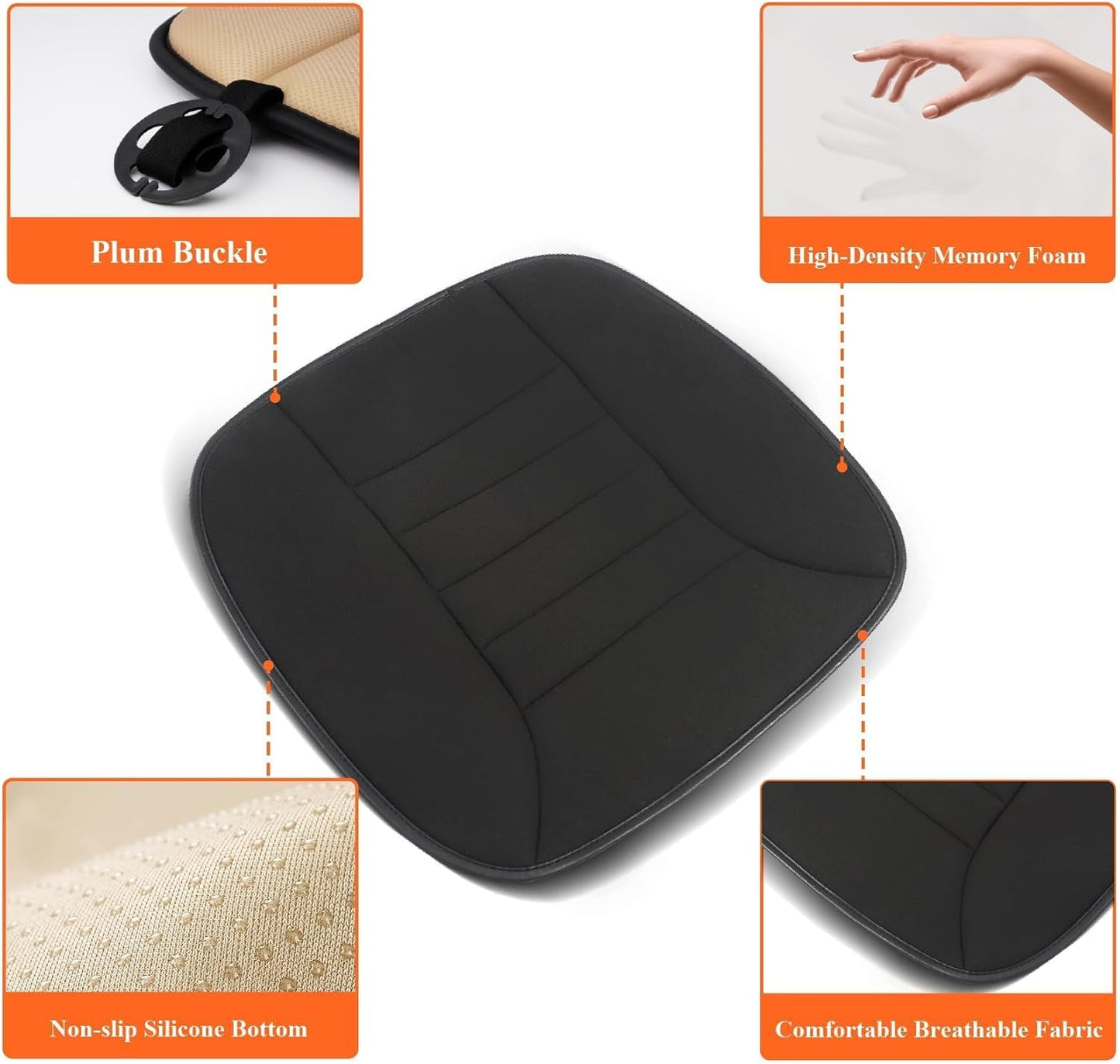 kingphenix Memory Foam Car Seat Cushion for Driver and Office Chair Comfort | 1.2-Inch-Thick Memory Foam Seat Pad, Soft, Breathable Fabric, Non-Slip Silicone Bottom for Long Drives and Office Use, Black