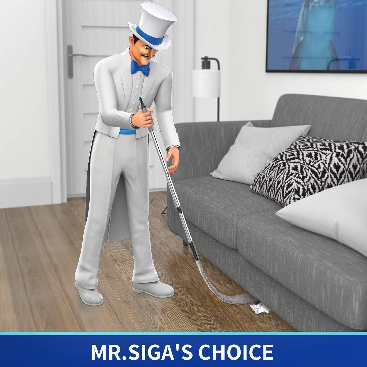 MR.SIGA Microfiber Gap Duster with Stainless Steel Adjustable Handle | Extendable pole, washable microfiber head