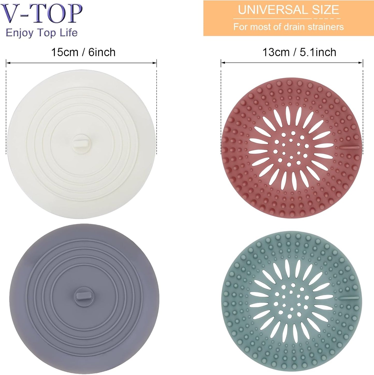 Shower Drain Hair Catcher Tub Stopper, V-TOP Drain Cover for Shower to Catcher Hair, Silicone Bathtub Drain Plug Suit for Bathroom Kitchen and Laundry, 4 Pack