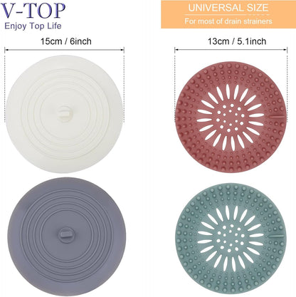 Shower Drain Hair Catcher Tub Stopper, V-TOP Drain Cover for Shower to Catcher Hair, Silicone Bathtub Drain Plug Suit for Bathroom Kitchen and Laundry, 4 Pack